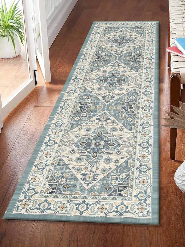 1 Stück hellblauer Teppich, Bohemien Stil, Kanalteppich, Flurteppich, Schlafzimmerteppich, Wohnzimmerteppich, Küchenteppich, 850g/m², 0,8cm Dicke, rutschfest, waschbar, maschinenwaschbar, dekorativ für das Heim in allen Jahreszeiten