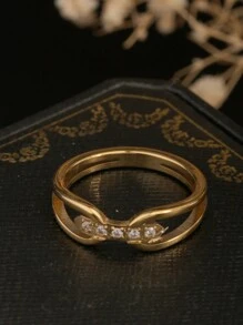 1pc 18K Gold Plated Stainless Steel Double Arrow Water Drop CZ Crystal Criss-Cross Ring, Delicate Minimalist Design For Daily Wear