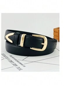 1 Piece 3cm Litchi Embossed Belt, Versatile Style, Metal Buckle For Everyday Use With Leather Lining - Black - View 3