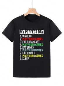 青少年男生圓領短袖T恤，夏季休閒有趣字母印花，適用於男孩的禮物 - 黑色 - 查看 1