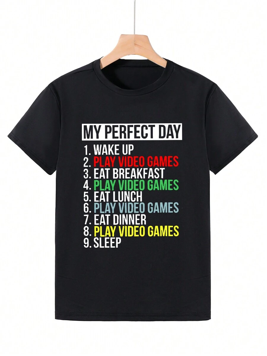 青少年男生圓領短袖T恤,夏季休閒有趣字母印花,適用於男孩的禮物 - 黑色 - 查看 1