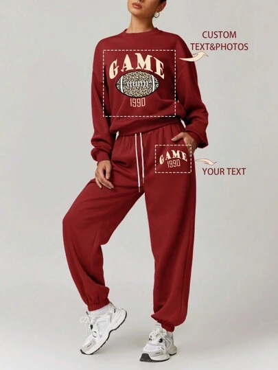 Customize Personalized Gifts With Unique Design, Add Your Own Text And Images (Badge Pattern/Company Logo/Family Photo/Selfie/Pet), Personalized Sweatshirt And Sweatpants Two Pieces Set