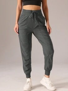 1pc Women Sports Style Pleated Solid Color Casual Pants