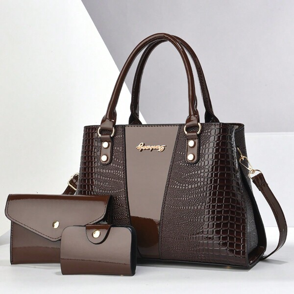 Zestaw 3 sztuk Krokodyla Tekstura Damska Torebka, Modna Biznesowa Torba Do Pracy, Duża Pojemność Torba Na Ramię Na Prezent Urodzinowy, Data, Podróż