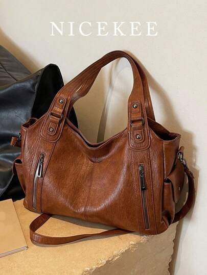 大容量纯色女士单肩包，时尚女士手提包，空间宽敞，可个性化定制，适合日常使用、上学、外出、购物、送礼、旅行、通勤等场合。