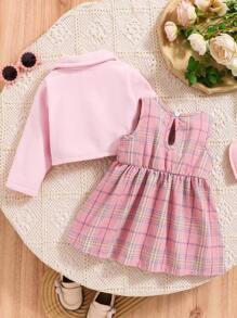 2 件套女婴棕色短夹克和休闲格子连衣裙,秋冬 - 粉色 - 查看 3