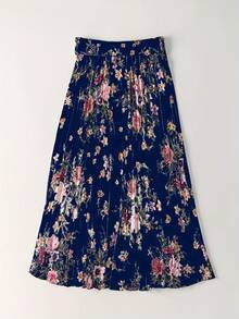 Women's Satin Floral Print Drawstring Pleated Elegant Skirt - Navy Blue - View 2