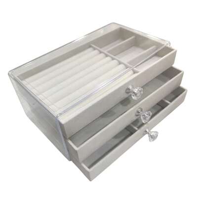 Caixa Organizadora de Acrílico e Veludo para Joias e Acessórios. Porta Joias. Cor Creme.