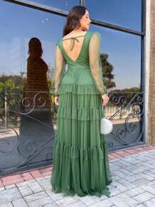 LONG DRESS FOR WEDDING BRIDESMAID TULLE LAYERS LONG SLEEVES - Verde Oliva - Ver 2