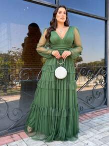 LONG DRESS FOR WEDDING BRIDESMAID TULLE LAYERS LONG SLEEVES - Verde Oliva - Ver 1
