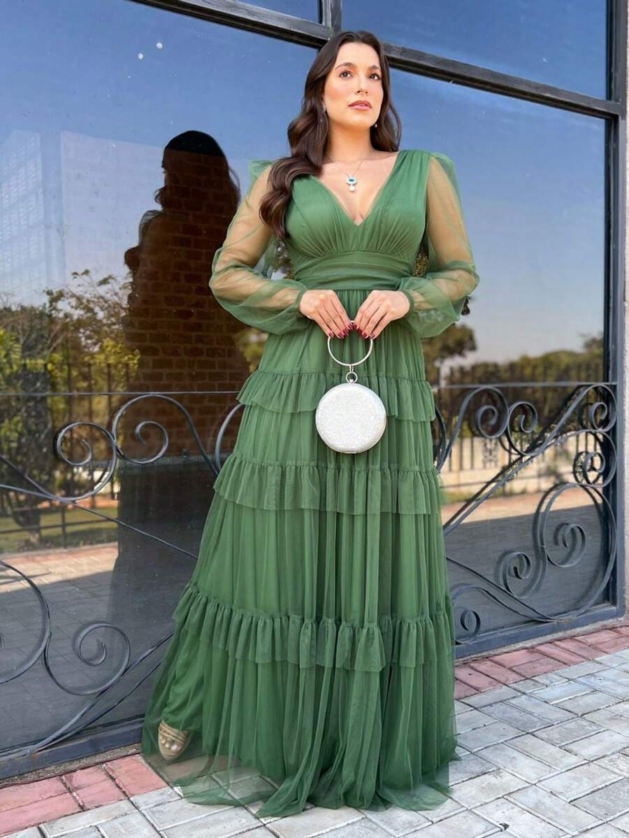 LONG DRESS FOR WEDDING BRIDESMAID TULLE LAYERS LONG SLEEVES - Verde Oliva - Ver 1