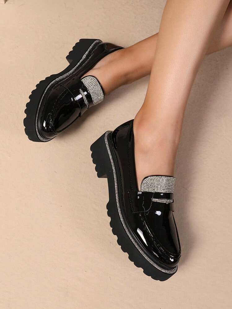 Women's Fashion Comfortable Rhinestone Thick Sole Loafers - Glossy Black - View 1
