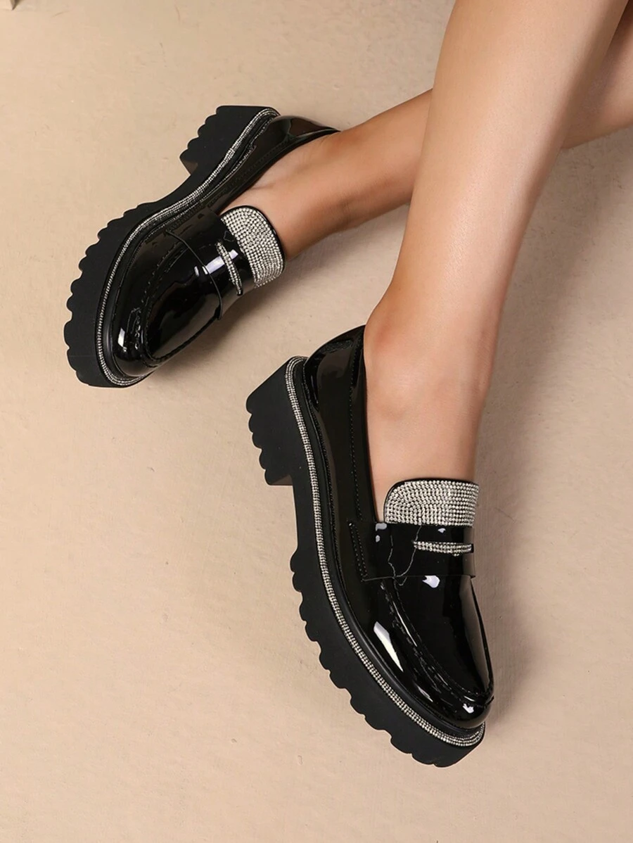 Women's Fashion Comfortable Rhinestone Thick Sole Loafers - Glossy Black - View 1
