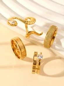 4pcs Delicate And Versatile Stainless Steel Snake With Diamonds Romaji Women'S Ring Set For Men And Women Daily Wear Holiday Dating Gift Jewelry - Set Of 4 Snake-shaped Diamond Roman Numeral Rings - View 2