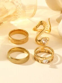 4pcs Delicate And Versatile Stainless Steel Snake With Diamonds Romaji Women'S Ring Set For Men And Women Daily Wear Holiday Dating Gift Jewelry - Set Of 4 Snake-shaped Diamond Roman Numeral Rings - View 3