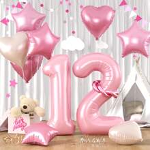 1 Set 40 Inch Pearl Pink & 18 Inch Stars & Hearts Aluminum Foil Number Balloons, Baby Shower, Birthday Party Decoration, Background
