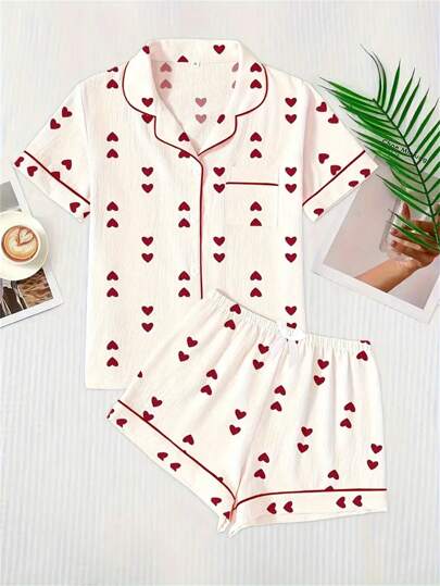 2Pcs Women Heart Print Textured Pajama Set - Ultra-Comfortable Casual Short Sleeve Buttons Lapel Top & Stretchy Elastic Shorts For Relaxation - Soft Sleepwear For A Restful Nights Sleep, Two Pieces Set
