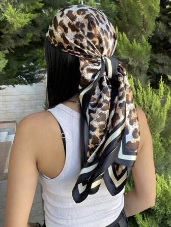 1 件女士方形豹纹缎面 90x90 厘米围巾，夏季旅行假日街头百搭围巾头巾头巾上衣