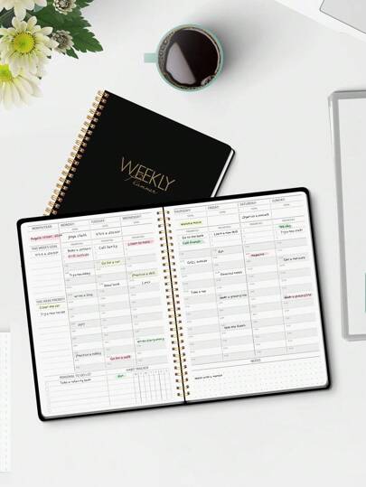 1 Stück minimalistisches Wochenplaner Notizbuch, persönliches Büro, Dating, Familie, Studienplan, Tages- und Wochenplan mit Gewohnheits-Tracker, effektives Werkzeug zur Kontrolle des täglichen Lebens, Lern- und Büromaterial, Damen Schreibtisch Dekoration