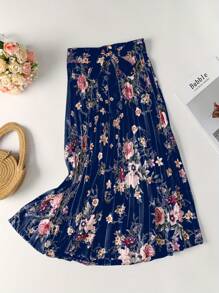 Women's Satin Floral Print Drawstring Pleated Elegant Skirt - Navy Blue - View 1