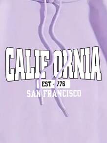 Capucha con estampado de letra con forro térmico con bolsillo de canguro con cordón - Morado - Ver 6