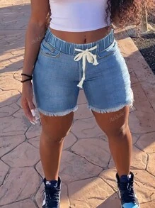 Women's Simple Solid Color Casual Denim Shorts With Elastic Waist And Drawstring, Frayed Hem Design