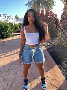 Women's Simple Solid Color Casual Denim Shorts With Elastic Waist And Drawstring, Frayed Hem Design