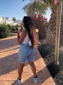 Women's Simple Solid Color Casual Denim Shorts With Elastic Waist And Drawstring, Frayed Hem Design
