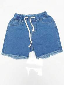 Women's Simple Solid Color Casual Denim Shorts With Elastic Waist And Drawstring, Frayed Hem Design - Blue - View 4
