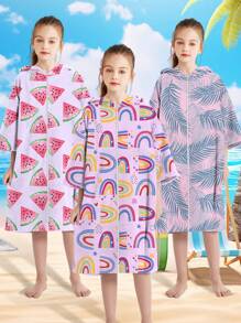 1pc Kids Girls Microfiber Quick Dry With Zipper And Hood Wearable Beach Towel, Waterproof Windbreaker For Swimming Pool, Beach, Rainbow, Watermelon, Leaves Design - Multicolor - View 2