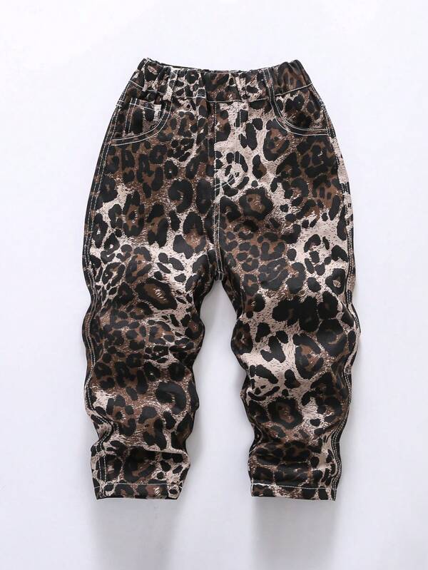 Young Boy Leopard Print Loose Drawstring Waist Casual Pants, Suitable For Spring