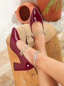大码时尚尖头粗跟高跟鞋，女式酒红色高跟鞋