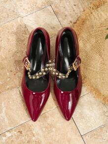 大码时尚尖头粗跟高跟鞋，女式酒红色高跟鞋