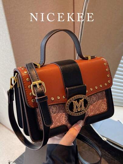 New Retro Vintage Floral Contrasting Pattern Handbag With Rivets Inlaid Light Luxury Crossbody Bag, Fashionable Classic Texture Small Square Bag, High-End Elegant Simple Shoulder Bag, Work Commuting Bag