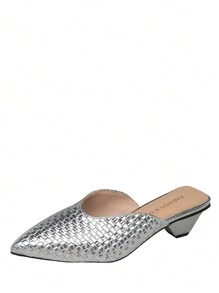 French Elegant Pointed Toe Woven Slip-On Mules For Women, Mid Heel Silver Color Slide Sandals
