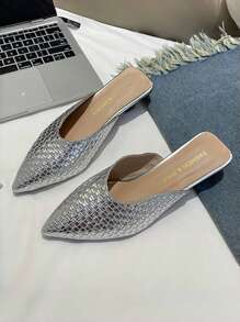 French Elegant Pointed Toe Woven Slip-On Mules For Women, Mid Heel Silver Color Slide Sandals