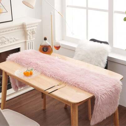 粉色人造毛皮桌旗/旗帜，适合圣诞节、婚礼、派对、节日、生日、家庭和农场餐桌装饰，白色涤纶纤维桌布