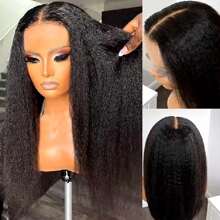Kinky Straight Wig Human Hair Glueless Kinky Straight 4x4 Lace Front Wig Pre Plucked HairLine With Baby Hair 150% Density Yaki Straight Wigs Natural Black Color - 自然色&黑色系 - 查看 2