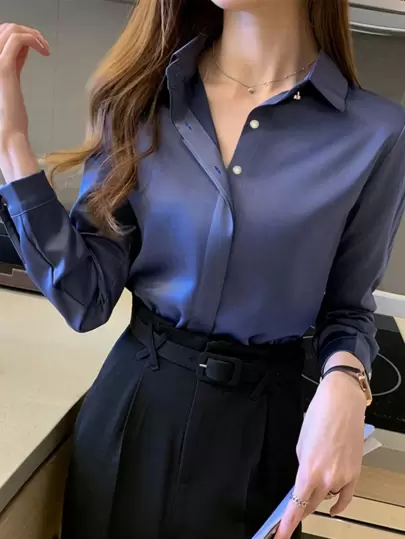 YUXIN 女性一年四季必备！多色缎面长袖衬衫，精致领口隐形缝线细节，金属纽扣彰显高端格调，职场休闲两相宜