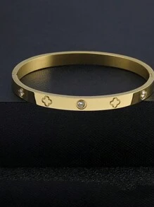 1 PIEZA Brazalete de acero inoxidable dorado con piedras artificiales para mujeres, no se mancha, ovalado, chapado en oro de 18 quilates, con flores de circonita cúbica artificial, regalo de joyería diseñador para adolescentes