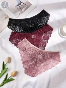 3pcs Solid Seamless Floral Lace Briefs Sexy Comfy Breathable Stretchy Intimates Panties Women's Lingerie Underwear - Multicolor - View 2
