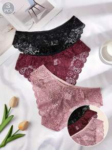 3pcs Solid Seamless Floral Lace Briefs Sexy Comfy Breathable Stretchy Intimates Panties Women's Lingerie Underwear - Multicolor - View 1