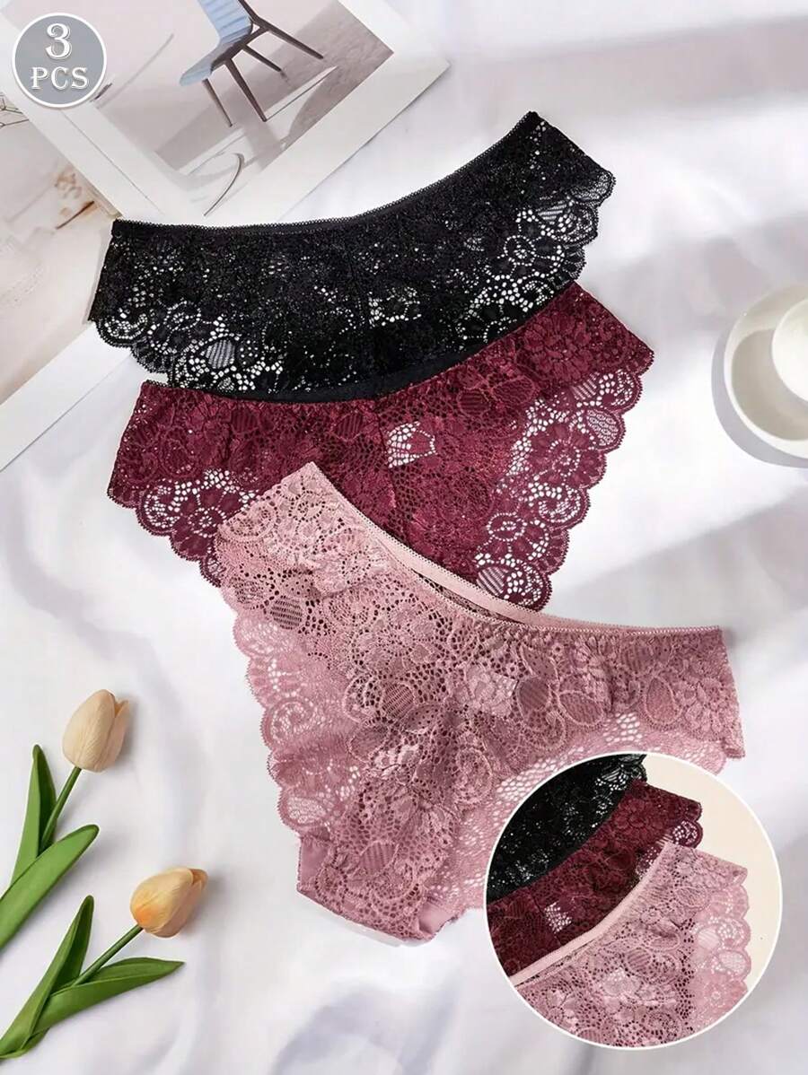 3pcs Solid Seamless Floral Lace Briefs Sexy Comfy Breathable Stretchy Intimates Panties Women's Lingerie Underwear - Multicolor - View 1