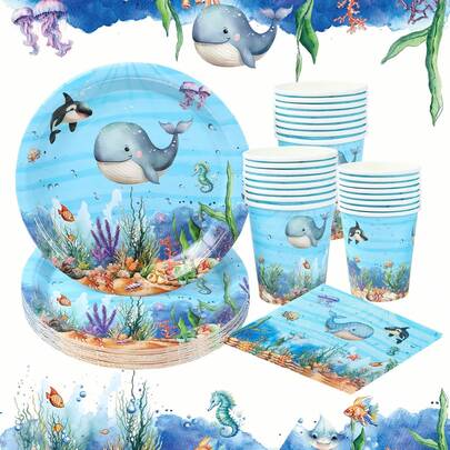 海洋动物主题派对一次性纸餐具，海洋设计 8 件 7 英寸和 9 英寸生日快乐一次性纸盘，鲸鱼图案 8 件纸杯，水下洗礼鲸鱼风格 16 件餐巾适用于海底主题派对生日节日家庭活动活动派对装饰用品套装，圣诞节