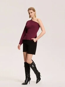 Casual Solid Color Asymmetric Neck Sweater, Autumn - Burgundy - View 5