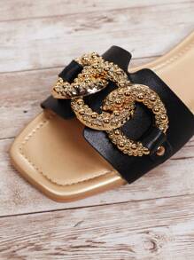 2023 Spring & Summer Women Square Toe Flat Pearl Embellished Transparent Slide Sandals - Black - View 7
