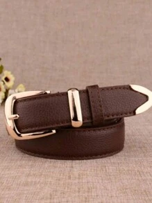 1 Piece 3cm Litchi Embossed Belt, Versatile Style, Metal Buckle For Everyday Use With Leather Lining - Coffee Brown - View 1