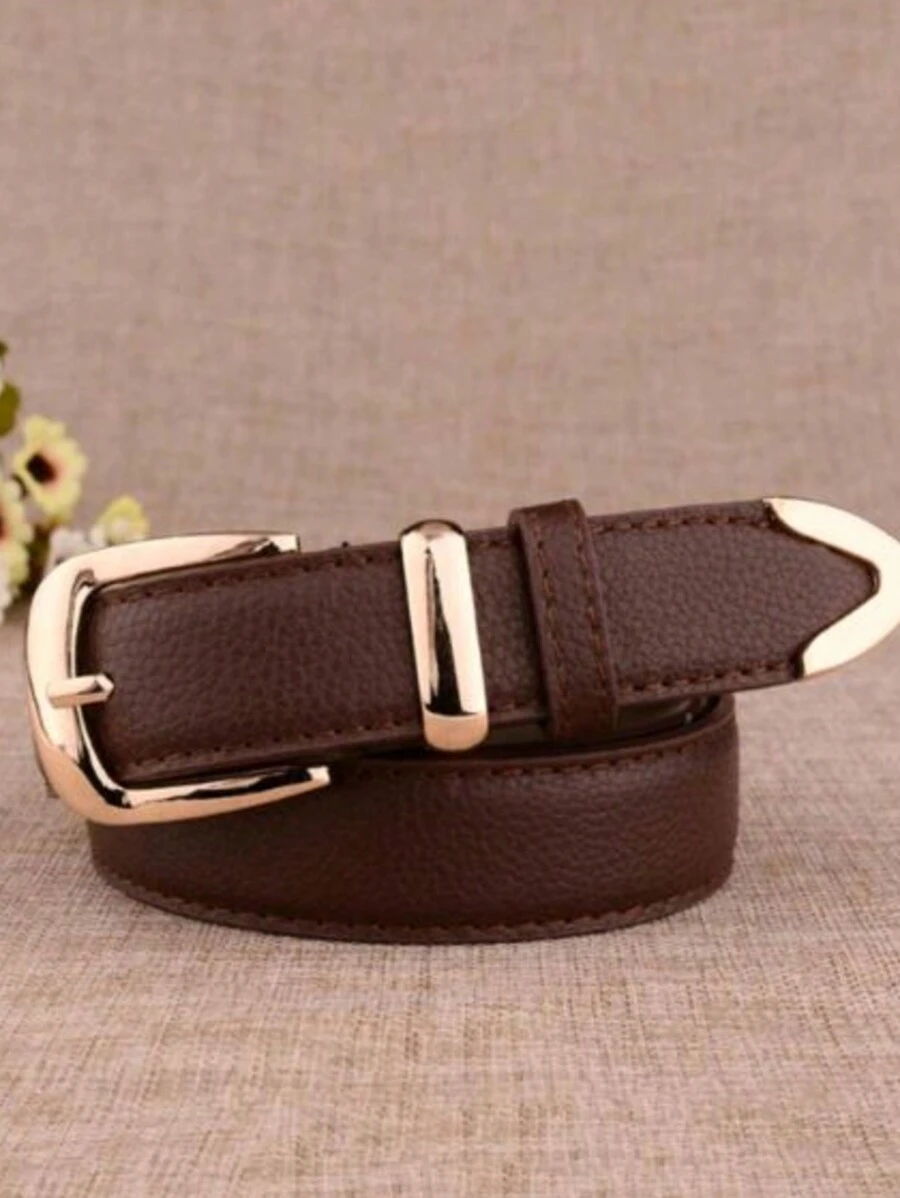 1 Piece 3cm Litchi Embossed Belt, Versatile Style, Metal Buckle For Everyday Use With Leather Lining - Coffee Brown - View 1