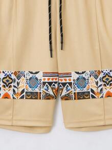 2 件套男士夏威夷服装，夏季时尚印花男士运动休闲拉链领 Polo 衫 + 短裤套装 - 卡其色 - 查看 9