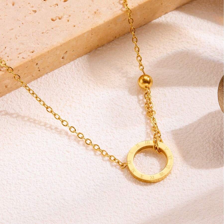 18K Titanium Steel Necklace Korean Style Fashion Cold Style Roman Letters Ring Simple Steel Beads - 金色 - 查看 1